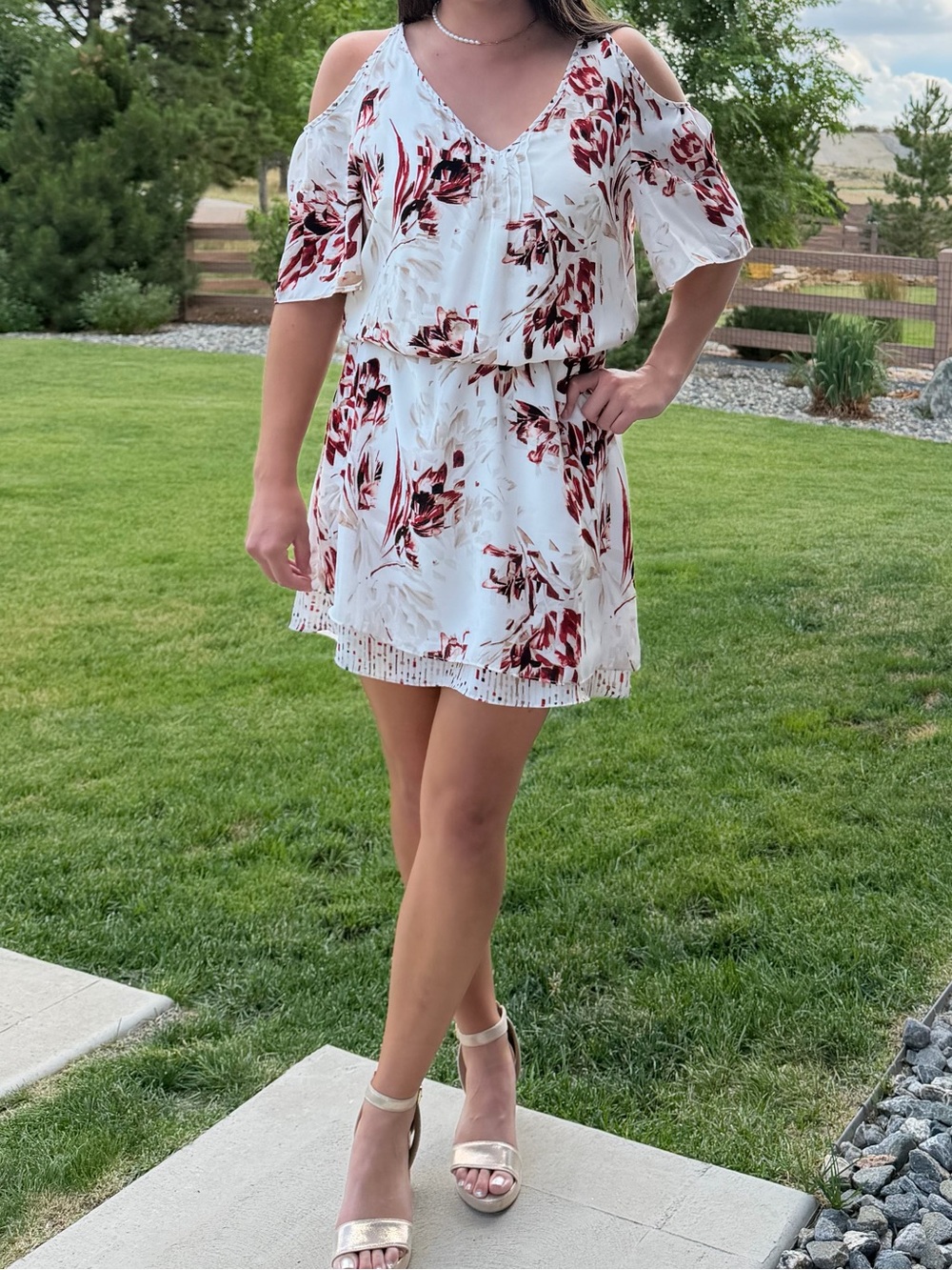 Cold-Shoulder White Dress with Burgundy Floral Print White House black market